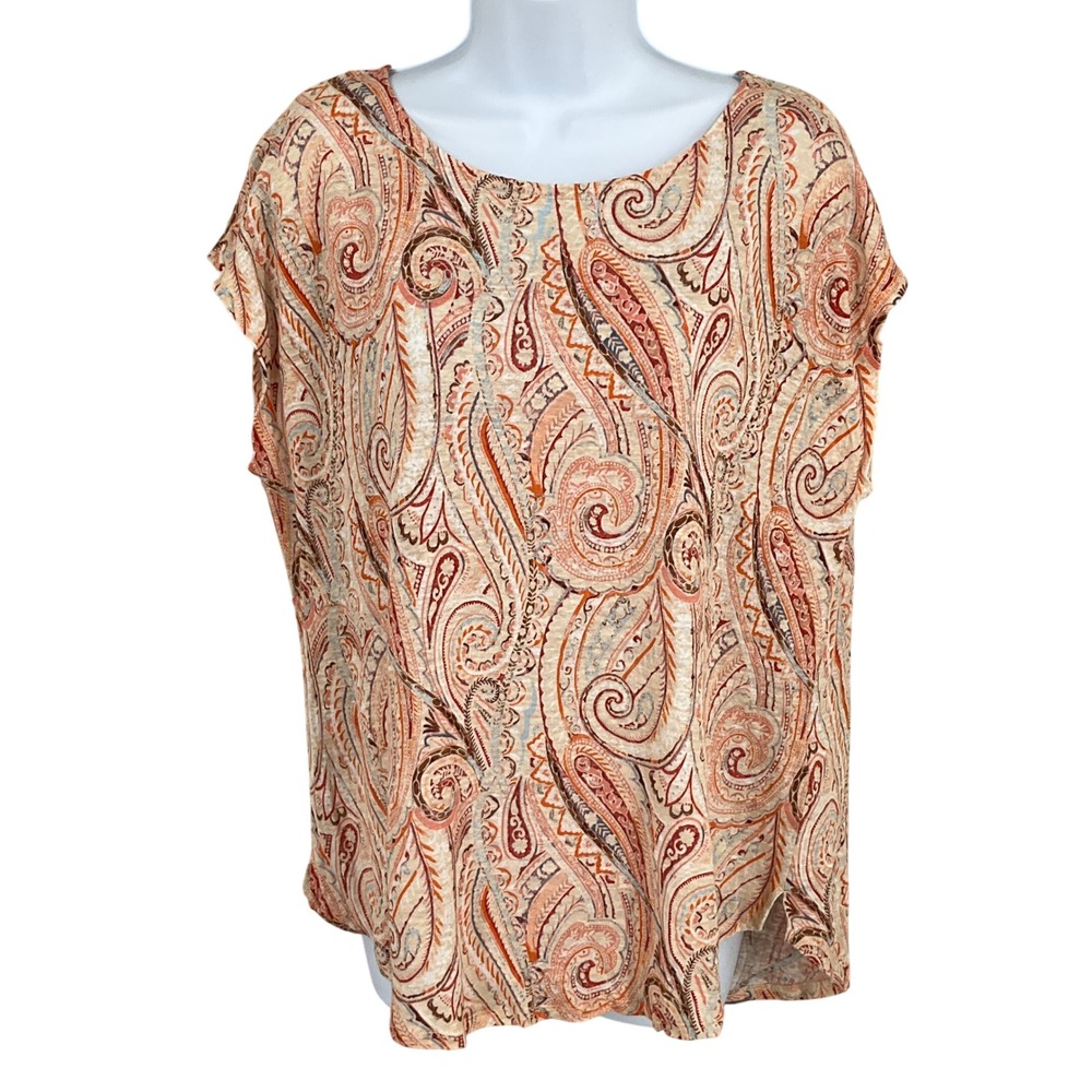 Rachel Zoe Top Womens XL Orange 100% Linen Paisley Boho Short Sleeve Scoop Neck